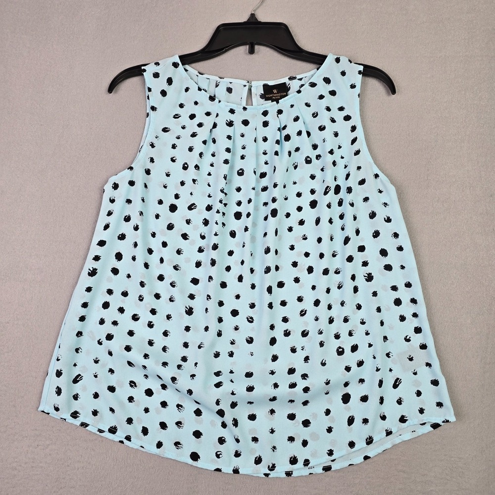 Worthington Petite Sleeveless Blouse PM Light Blue Black Polka Dot Career Top